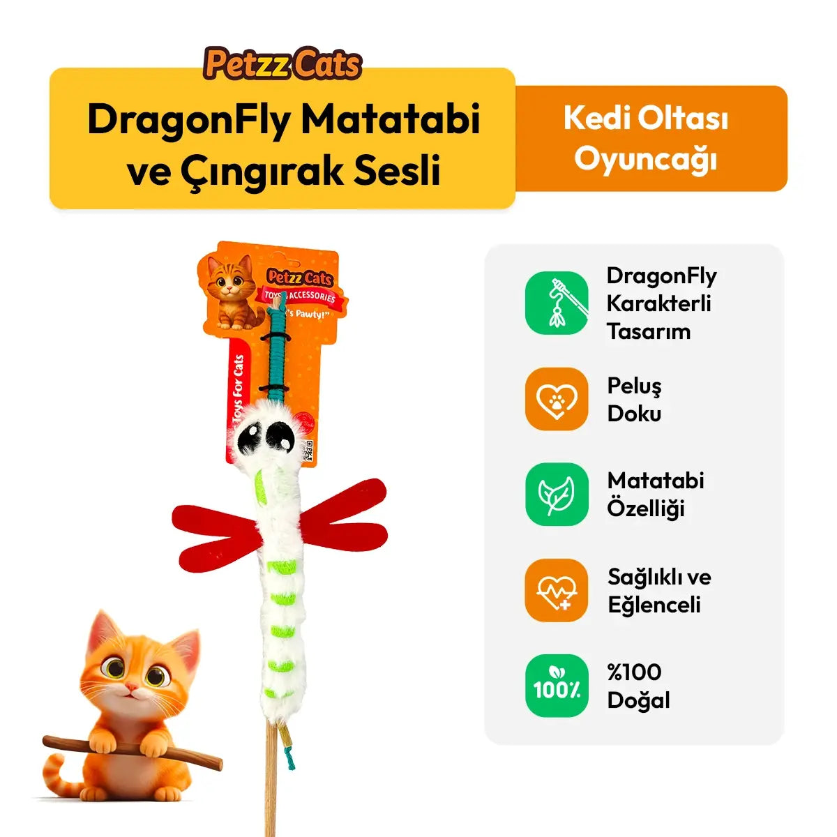 PetzzCats DragonFly Matatabi ve Çıngırak Sesli Kedi Oltası Oyuncağı Beyaz 42 Cm - Kedi Oyuncağı