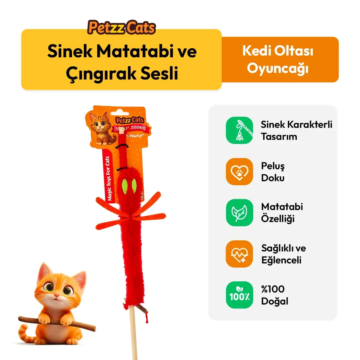 PetzzCats Sinek Matatabi ve Çıngırak Sesli Kedi Oltası Oyuncağı Kırmızı 42 Cm - Kedi Oyuncağı