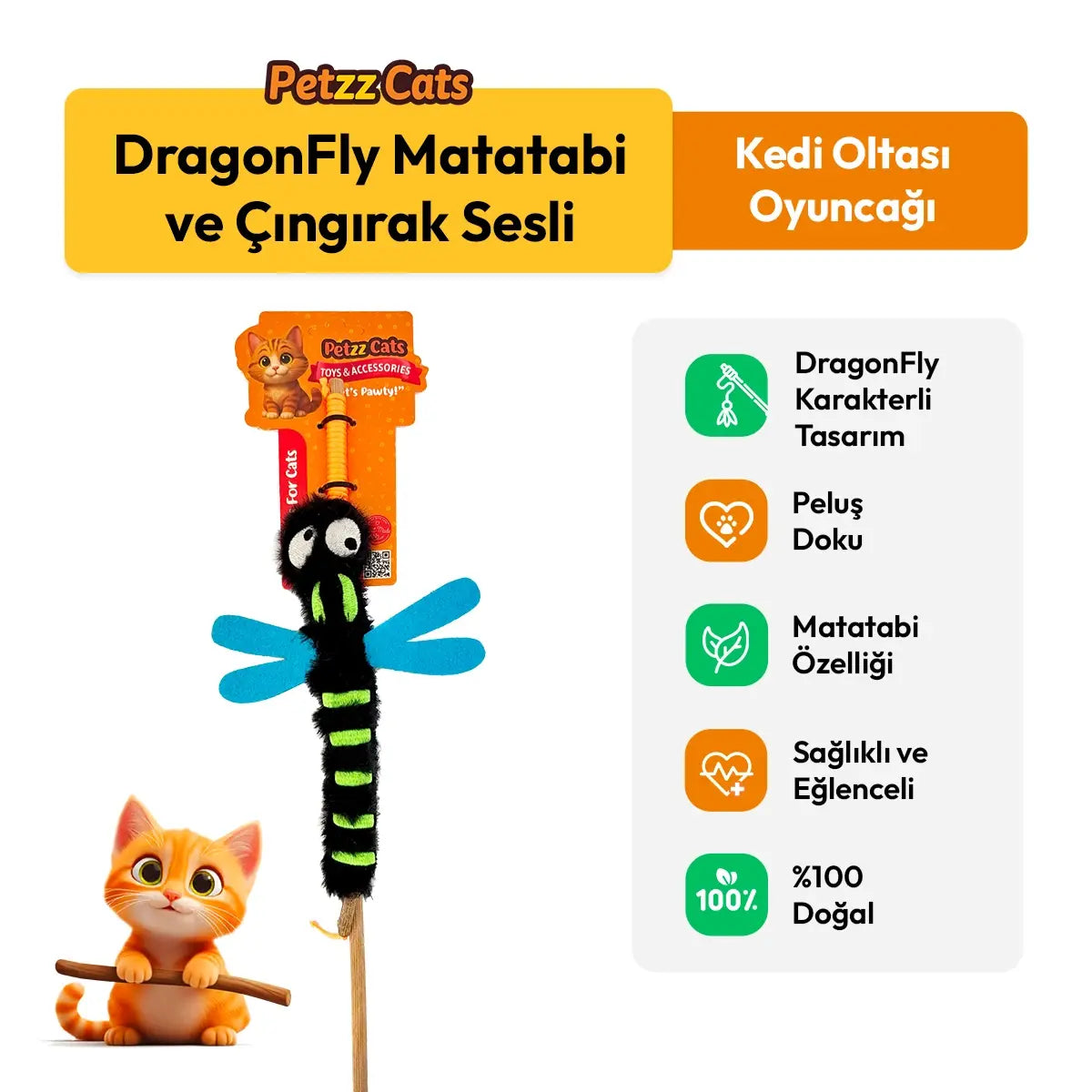 PetzzCats DragonFly Matatabi ve Çıngırak Sesli Kedi Oltası Oyuncağı Siyah 42 Cm - Kedi Oyuncağı