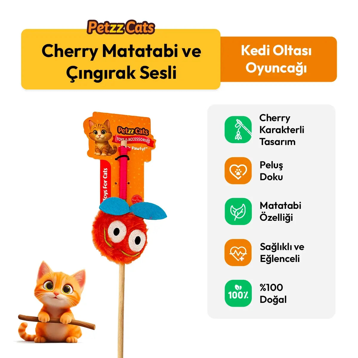 PetzzCats Cherry Matatabi ve Çıngırak Sesli Kedi Oltası Oyuncağı Turuncu 42 Cm - Kedi Oyuncağı