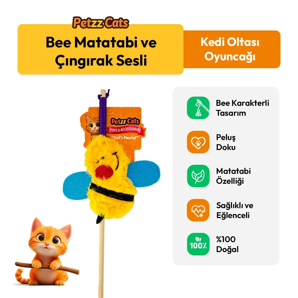 PetzzCats Bee Matatabi ve Çıngırak Sesli Kedi Oltası Oyuncağı Sarı 42 Cm - Kedi Oyuncağı
