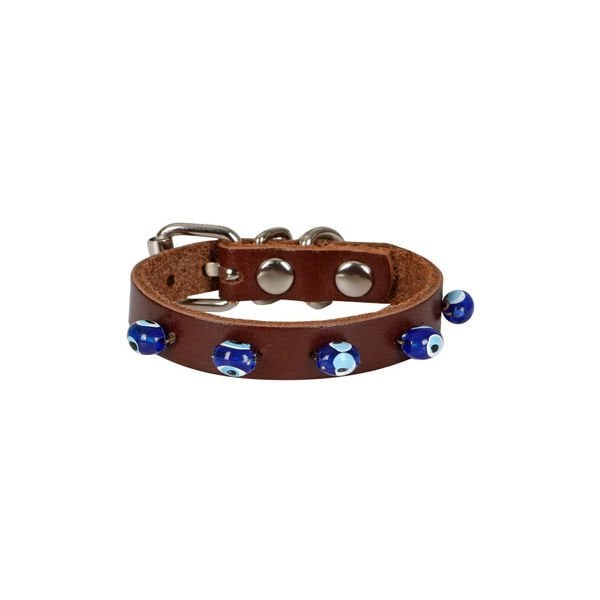 Cattie Boncuklu Deri Küçük Irk Köpek ve Kedi Boyun Tasması Xsmall Kahverengi 1x12-16 Cm - Kedi Tasması
