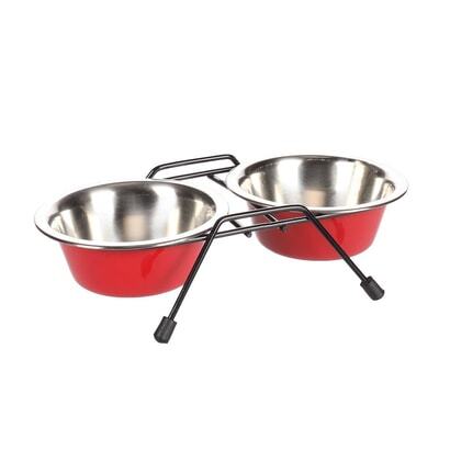 Flamingo Arjun Standlı İkili Çelik Kedi Köpek Mama ve Su Kabı Seti Kırmızı Gri 2x800 ml