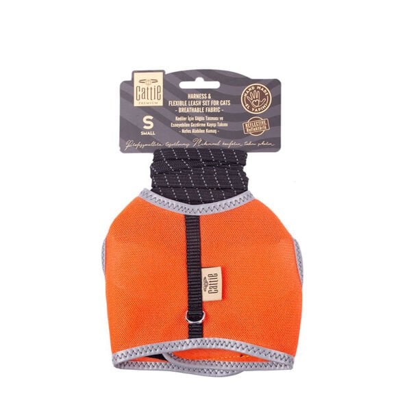 Cattie Havalı Dokuma Kedi Göğüs ve Gezdirme Takımı Small Turuncu 1x20-30 Cm - Kedi Tasması