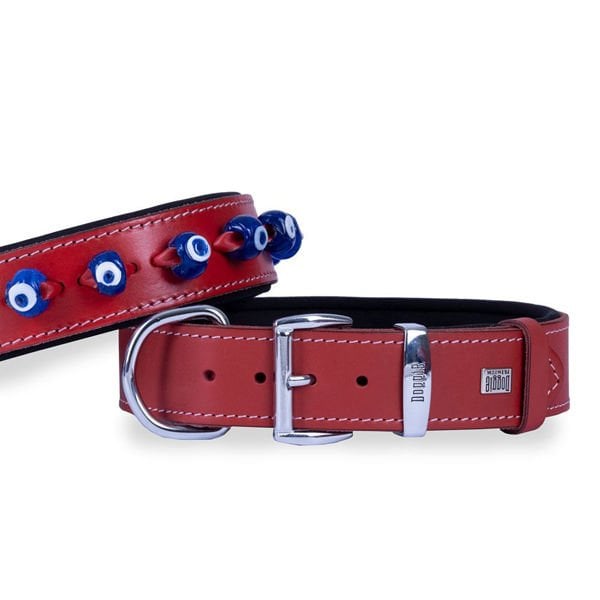 Doggie Comfort Deri Nazar Boncuklu Köpek Boyun Tasması Large Kırmızı 4x57-65 Cm - Köpek Tasması