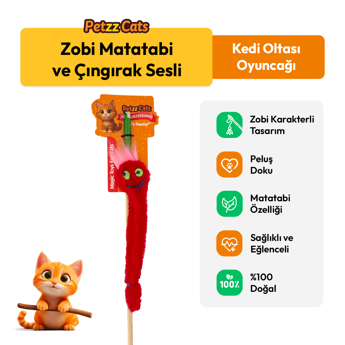PetzzCats Zobi Matatabi ve Çıngırak Sesli Kedi Oltası Oyuncağı Kırmızı 42 Cm - Kedi Oyuncağı