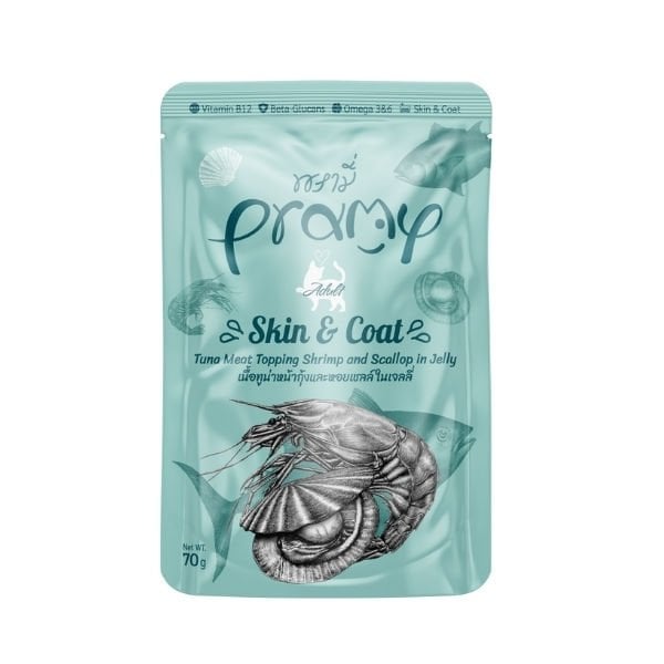 Pramy Jöle İçinde Karidesli Deniz Taraklı ve Ton Balıklı Pouch Yetişkin Yaş Kedi Maması 1 Adet 70 Gr yaş konserve kedi maması