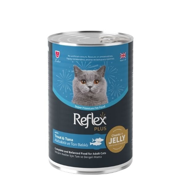 Reflex Plus Jöle İçinde Alabalıklı ve Ton Balıklı Yetişkin Konserve Kedi Maması 1 Adet 400 Gr yaş konserve kedi maması
