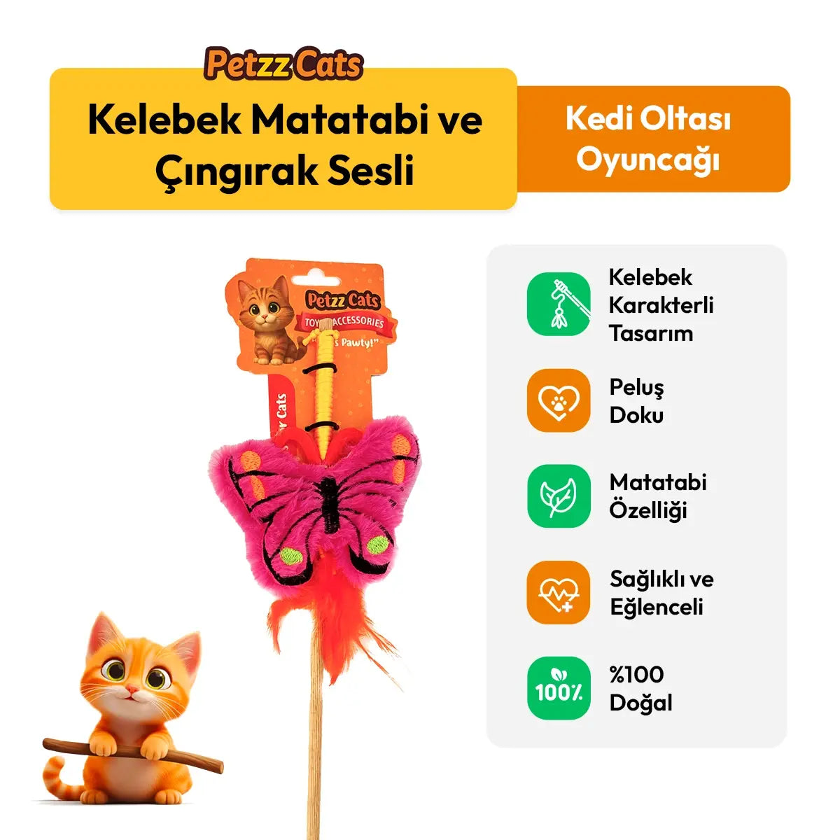 PetzzCats Kelebek Matatabi ve Çıngırak Sesli Kedi Oltası Oyuncağı Pembe 42 Cm - Kedi Oyuncağı