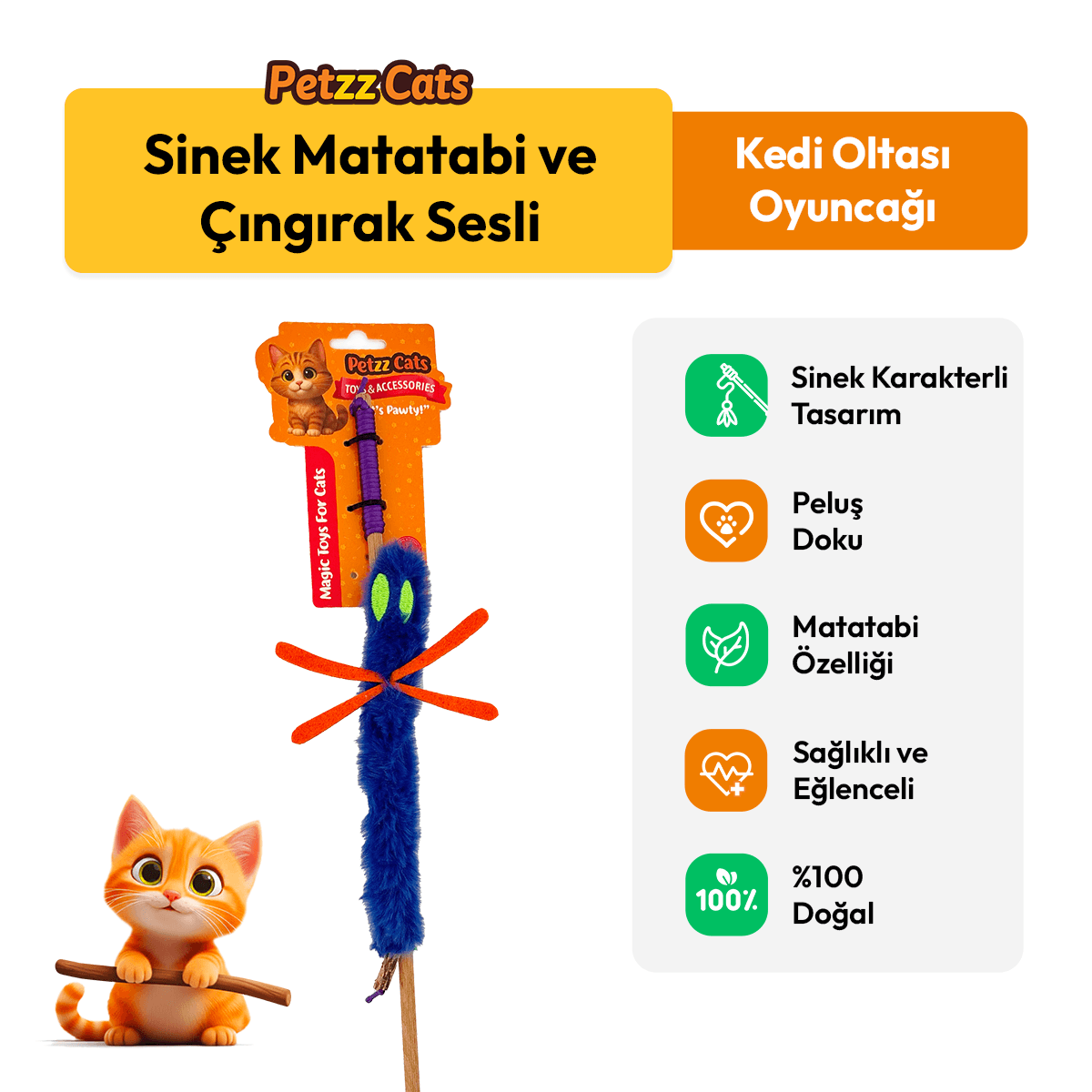 PetzzCats Sinek Matatabi ve Çıngırak Sesli Kedi Oltası Oyuncağı Mavi 42 Cm - Kedi Oyuncağı