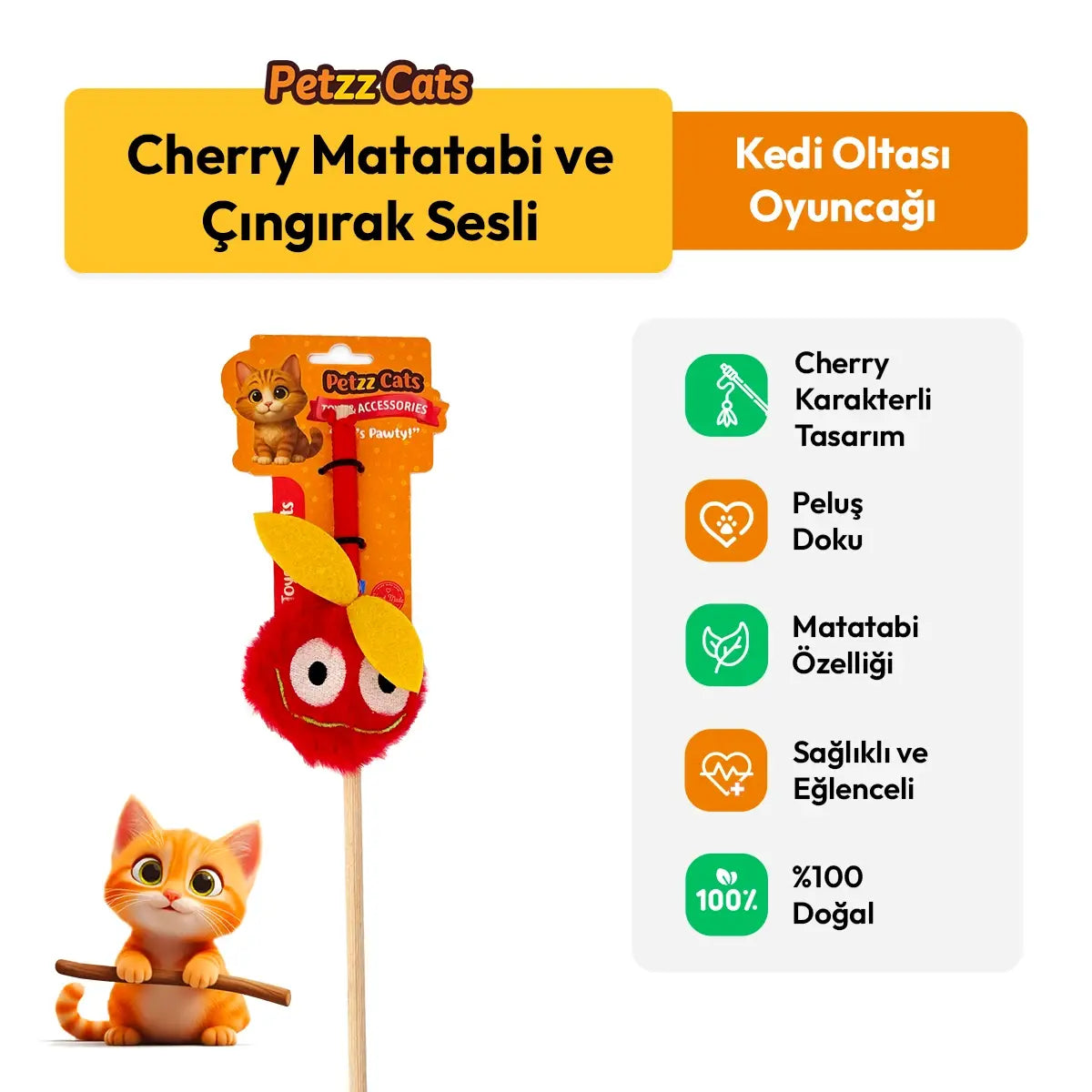 PetzzCats Cherry Matatabi ve Çıngırak Sesli Kedi Oltası Oyuncağı Kırmızı 42 Cm - Kedi Oyuncağı