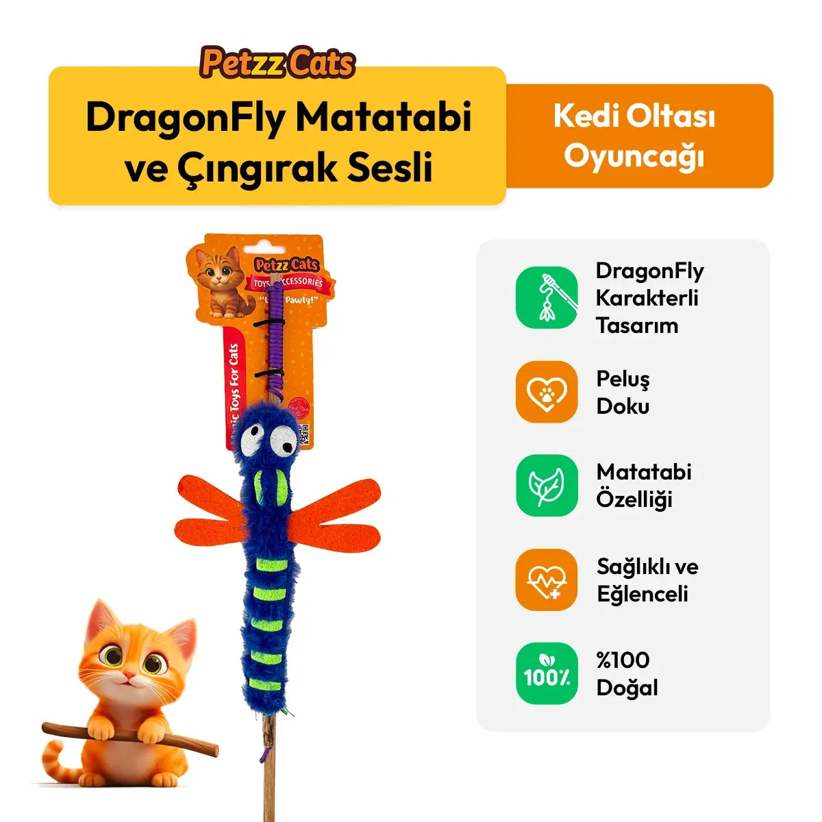 PetzzCats DragonFly Matatabi ve Çıngırak Sesli Kedi Oltası Oyuncağı Mavi 42 Cm - Kedi Oyuncağı