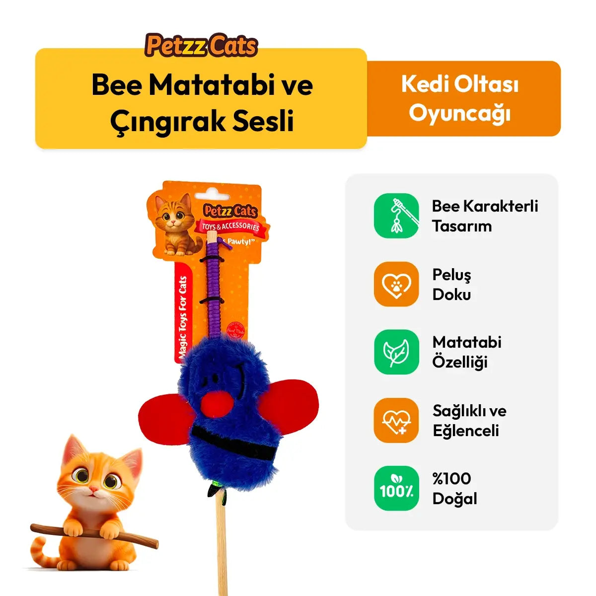 PetzzCats Bee Matatabi ve Çıngırak Sesli Kedi Oltası Oyuncağı Mavi 42 Cm - Kedi Oyuncağı