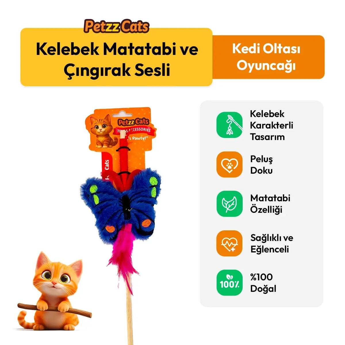 PetzzCats Kelebek Matatabi ve Çıngırak Sesli Kedi Oltası Oyuncağı Mavi 42 Cm - Kedi Oyuncağı