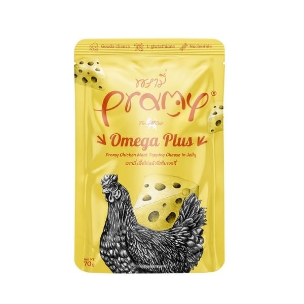 Pramy Omega Plus Jöle İçinde Tavuklu ve Peynirli Pouch Yetişkin Yaş Kedi Maması 1 Adet 70 Gr yaş konserve kedi maması