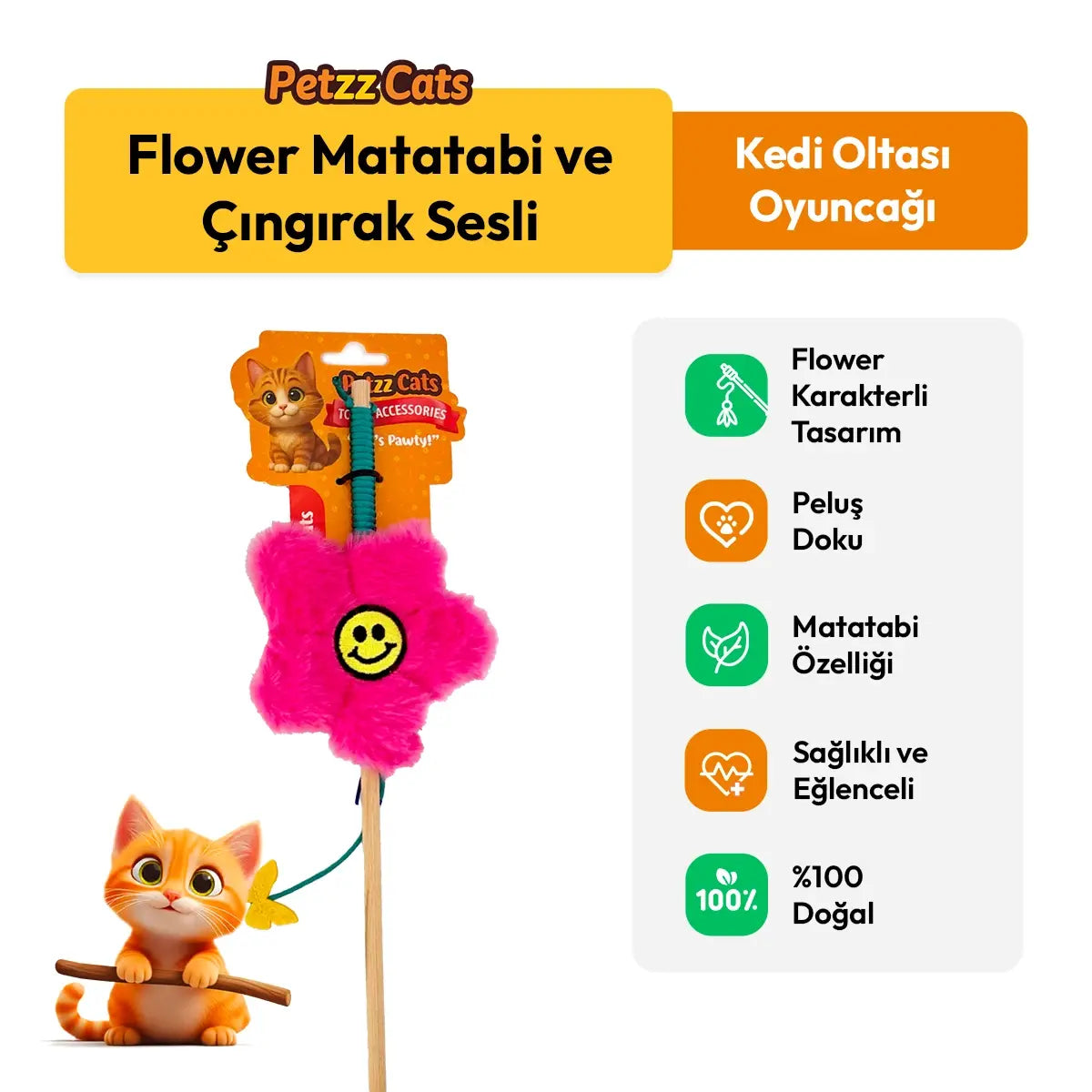 PetzzCats Flower Matatabi ve Çıngırak Sesli Kedi Oltası Oyuncağı Pembe 42 Cm - Kedi Oyuncağı