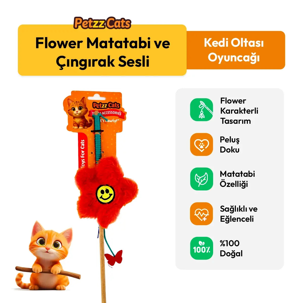 PetzzCats Flower Matatabi ve Çıngırak Sesli Kedi Oltası Oyuncağı Kırmızı 42 Cm - Kedi Oyuncağı
