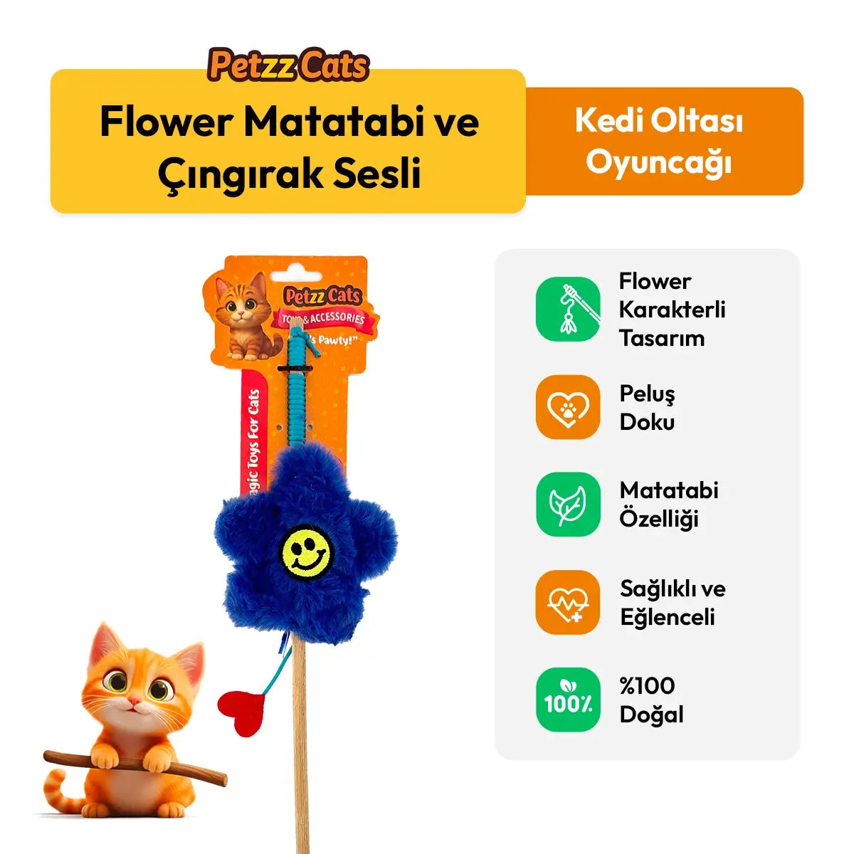 PetzzCats Flower Matatabi ve Çıngırak Sesli Kedi Oltası Oyuncağı Mavi 42 Cm - Kedi Oyuncağı