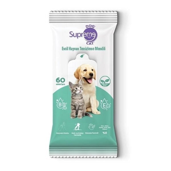 Supreme Yeşil Çaylı Kedi ve Köpek Temizleme Mendili 60 Adet - Köpek Bakım Ürünü