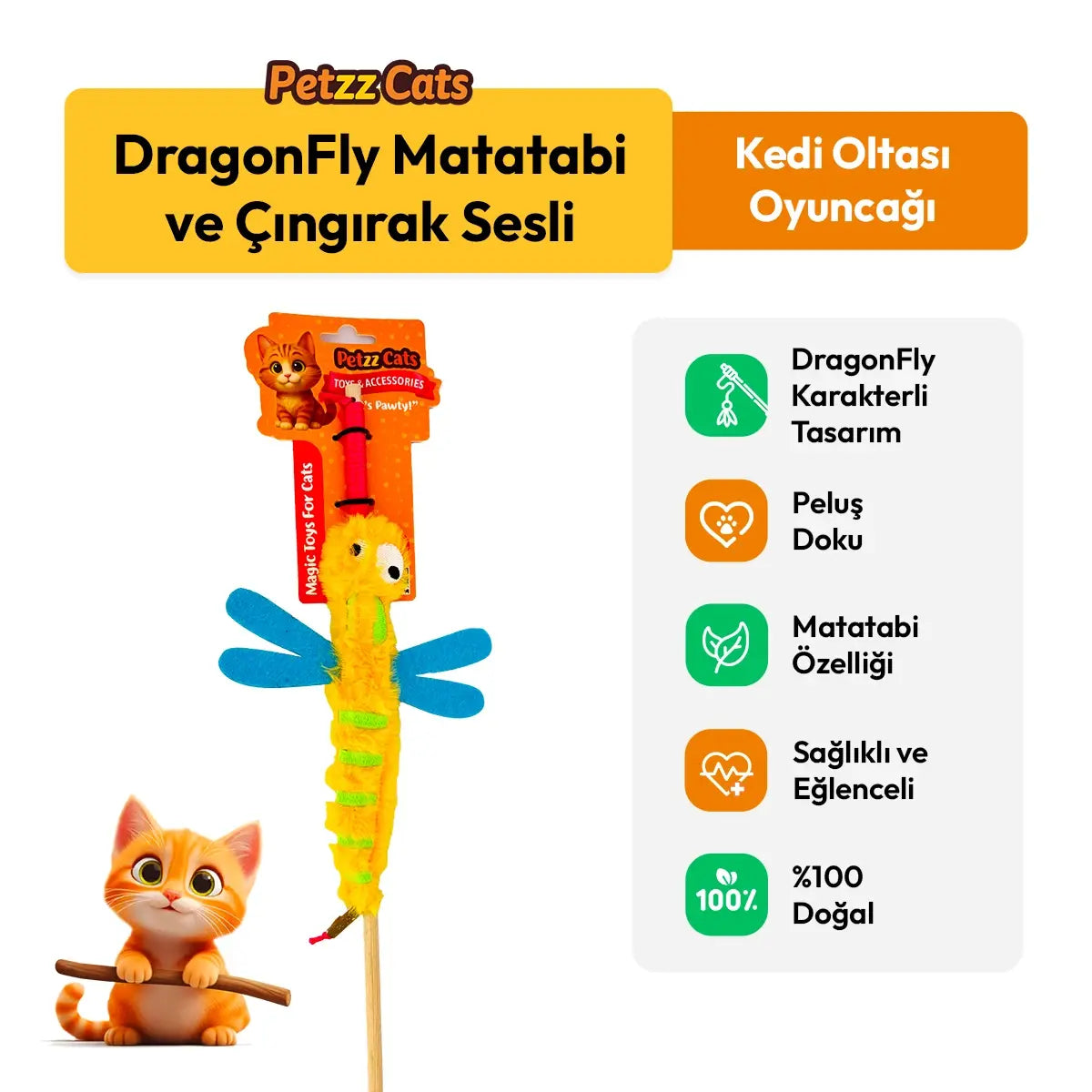 PetzzCats DragonFly Matatabi ve Çıngırak Sesli Kedi Oltası Oyuncağı Sarı 42 Cm - Kedi Oyuncağı