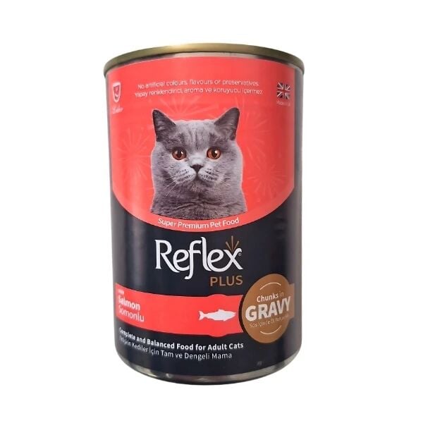 Reflex Plus Sos İçinde Et Parçacıklı Somonlu Yetişkin Konserve Kedi Maması 1 Adet 400 Gr yaş konserve kedi maması