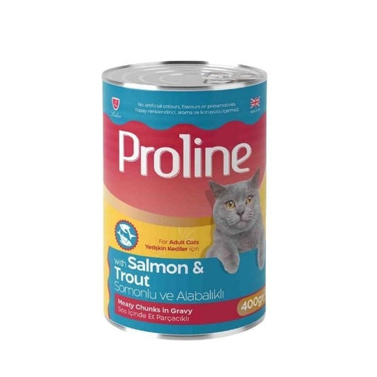 Proline Sos İçinde Et Parçacıklı Somonlu ve Alabalıklı Yetişkin Konserve Kedi Maması 1 Adet 400 Gr yaş konserve kedi maması