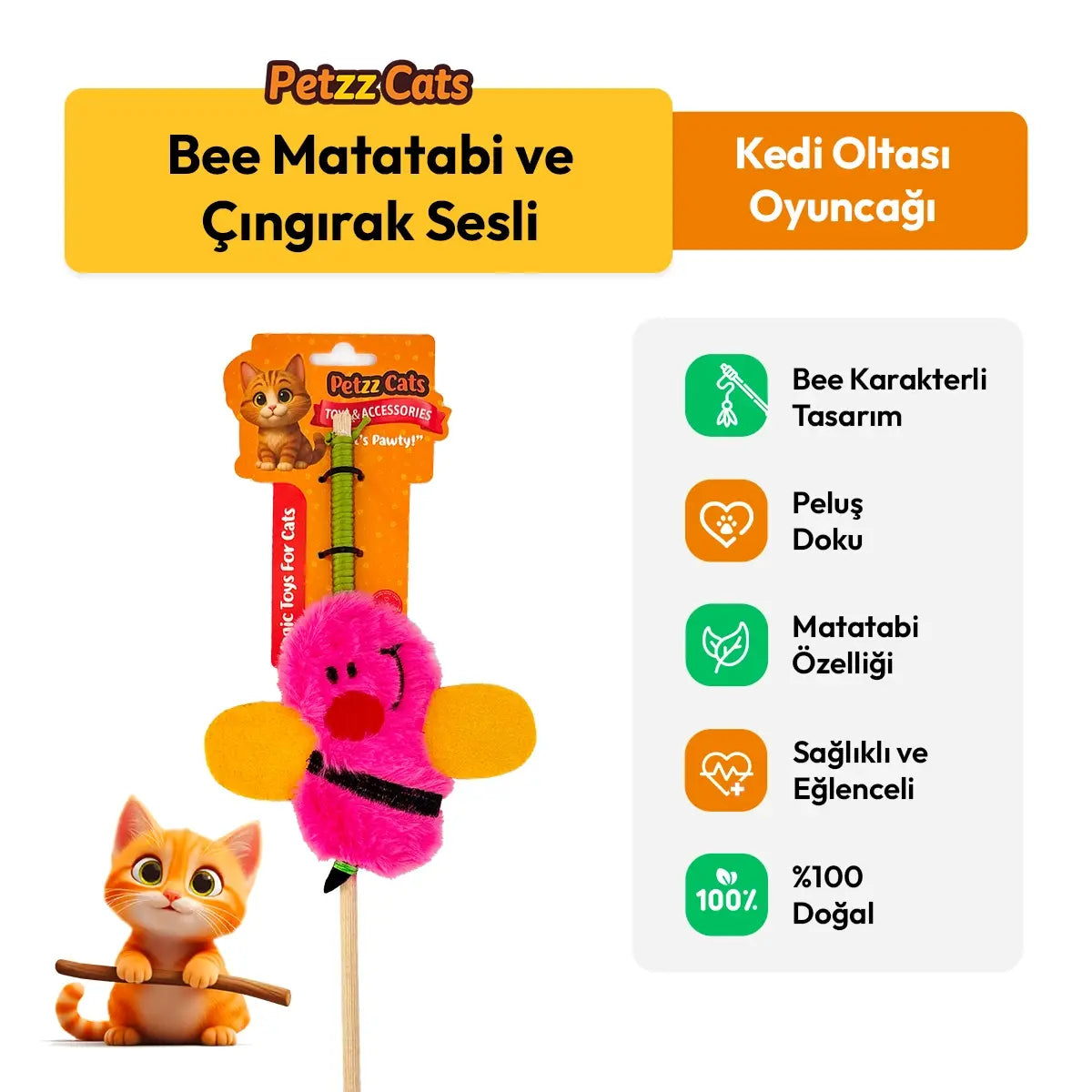 PetzzCats Bee Matatabi ve Çıngırak Sesli Kedi Oltası Oyuncağı Pembe 42 Cm - Kedi Oyuncağı