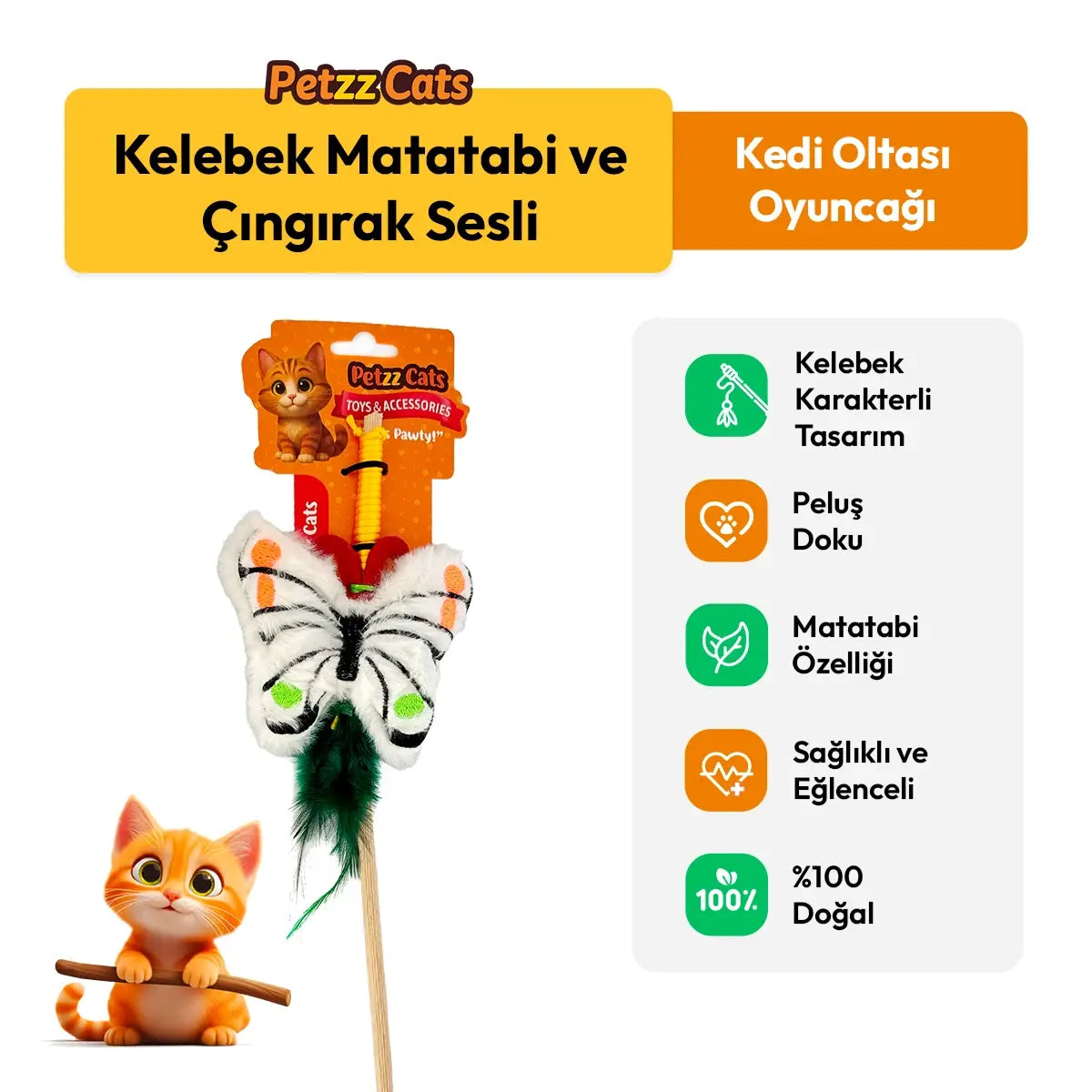 PetzzCats Kelebek Matatabi ve Çıngırak Sesli Kedi Oltası Oyuncağı Beyaz 42 Cm - Kedi Oyuncağı