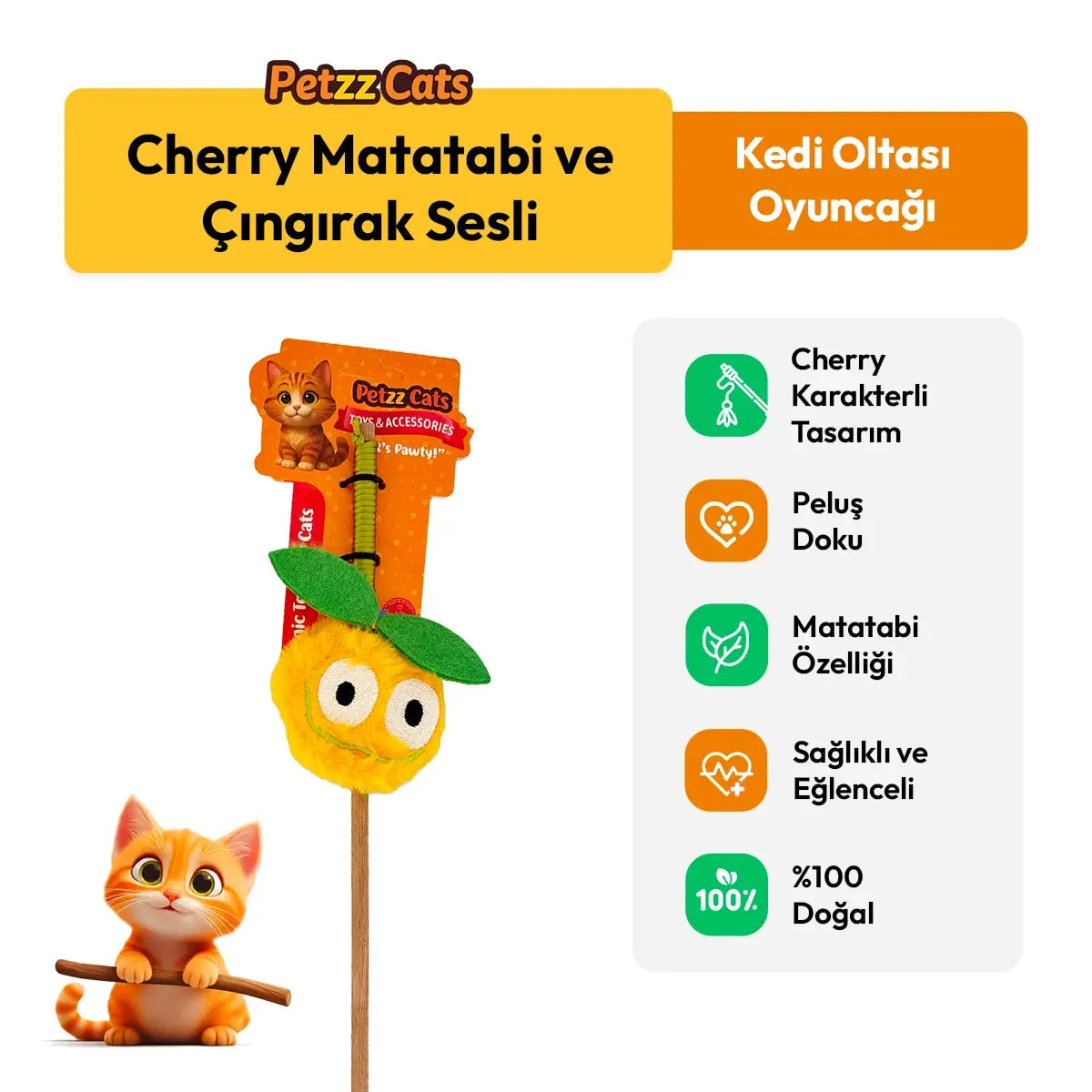 PetzzCats Cherry Matatabi ve Çıngırak Sesli Kedi Oltası Oyuncağı Sarı 42 Cm - Kedi Oyuncağı