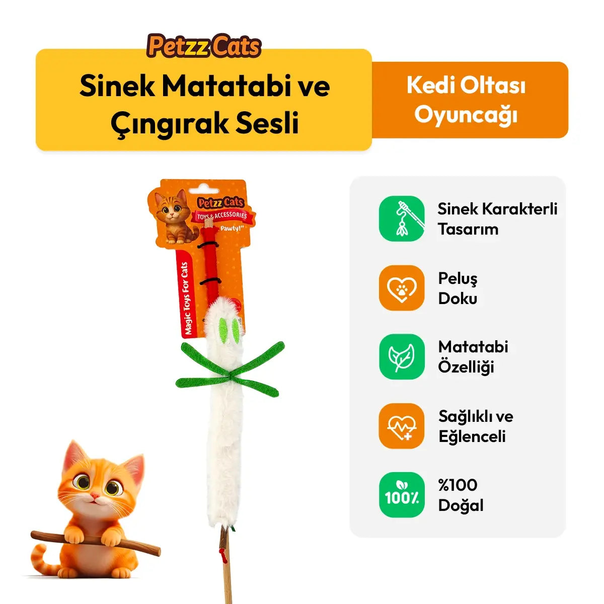 PetzzCats Sinek Matatabi ve Çıngırak Sesli Kedi Oltası Oyuncağı Beyaz 42 Cm - Kedi Oyuncağı