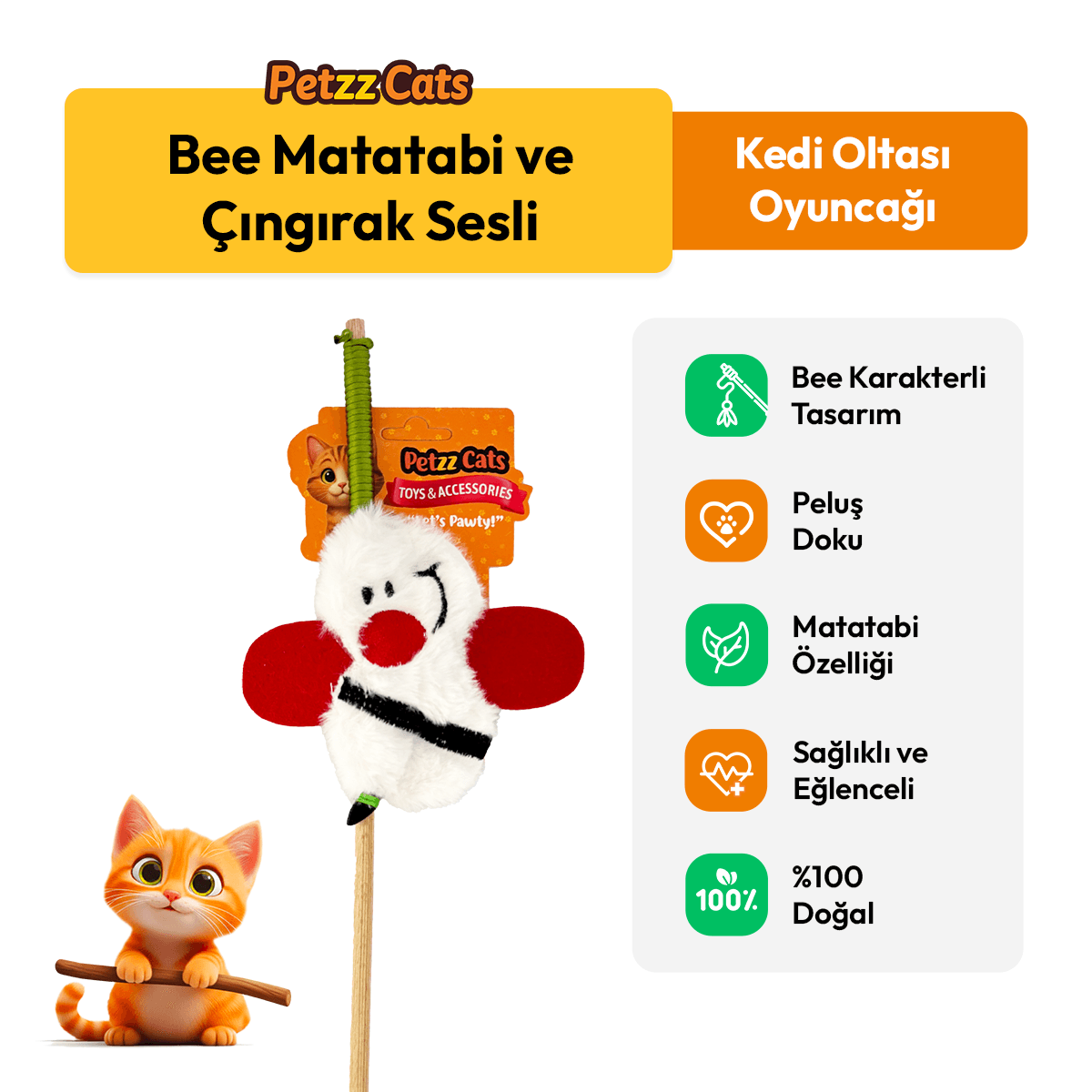 PetzzCats Bee Matatabi ve Çıngırak Sesli Kedi Oltası Oyuncağı Beyaz 42 Cm - Kedi Oyuncağı