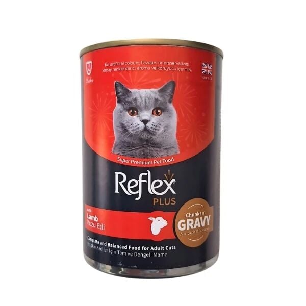 Reflex Plus Sos İçinde Et Parçacıklı Kuzu Etli Yetişkin Konserve Kedi Maması 1 Adet 400 Gr yaş konserve kedi maması