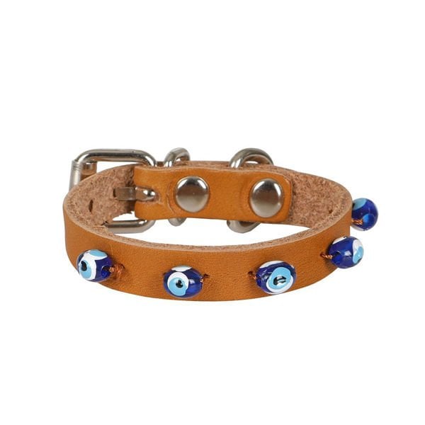 Cattie Boncuklu Deri Küçük Irk Köpek ve Kedi Boyun Tasması Xsmall Camel 1x12-16 Cm - Kedi Tasması