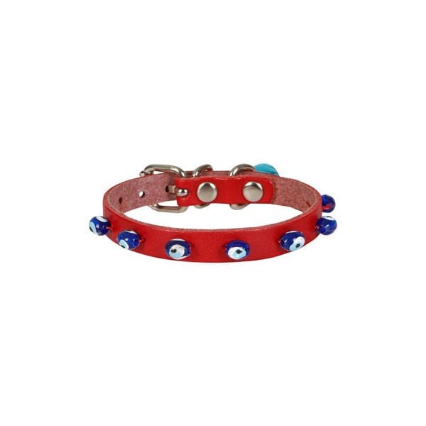 Cattie Boncuklu Deri Küçük Irk Köpek ve Kedi Boyun Tasması Small Kırmızı 1x16-20 Cm - Kedi Tasması