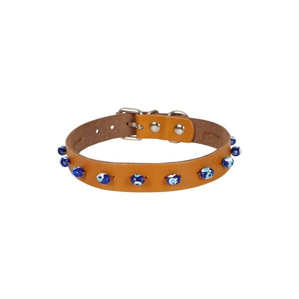 Cattie Boncuklu Deri Küçük Irk Köpek ve Kedi Boyun Tasması Xlarge Camel 1.5x26-30 Cm - Kedi Tasması