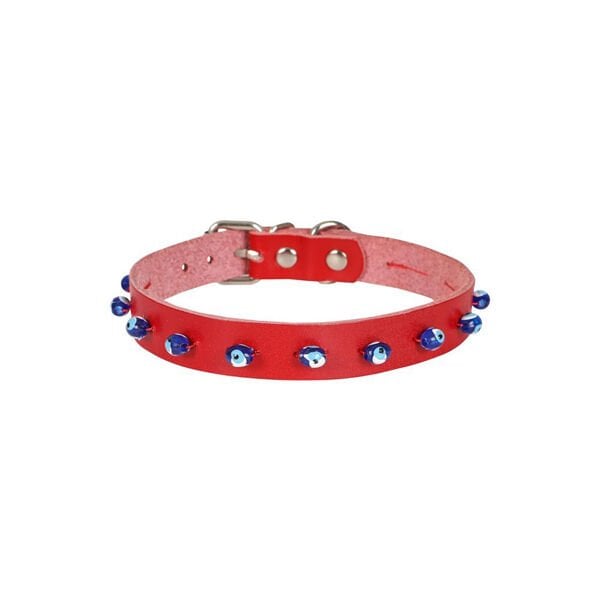 Cattie Boncuklu Deri Küçük Irk Köpek ve Kedi Boyun Tasması Xlarge Kırmızı 1.5x26-30 Cm - Kedi Tasması