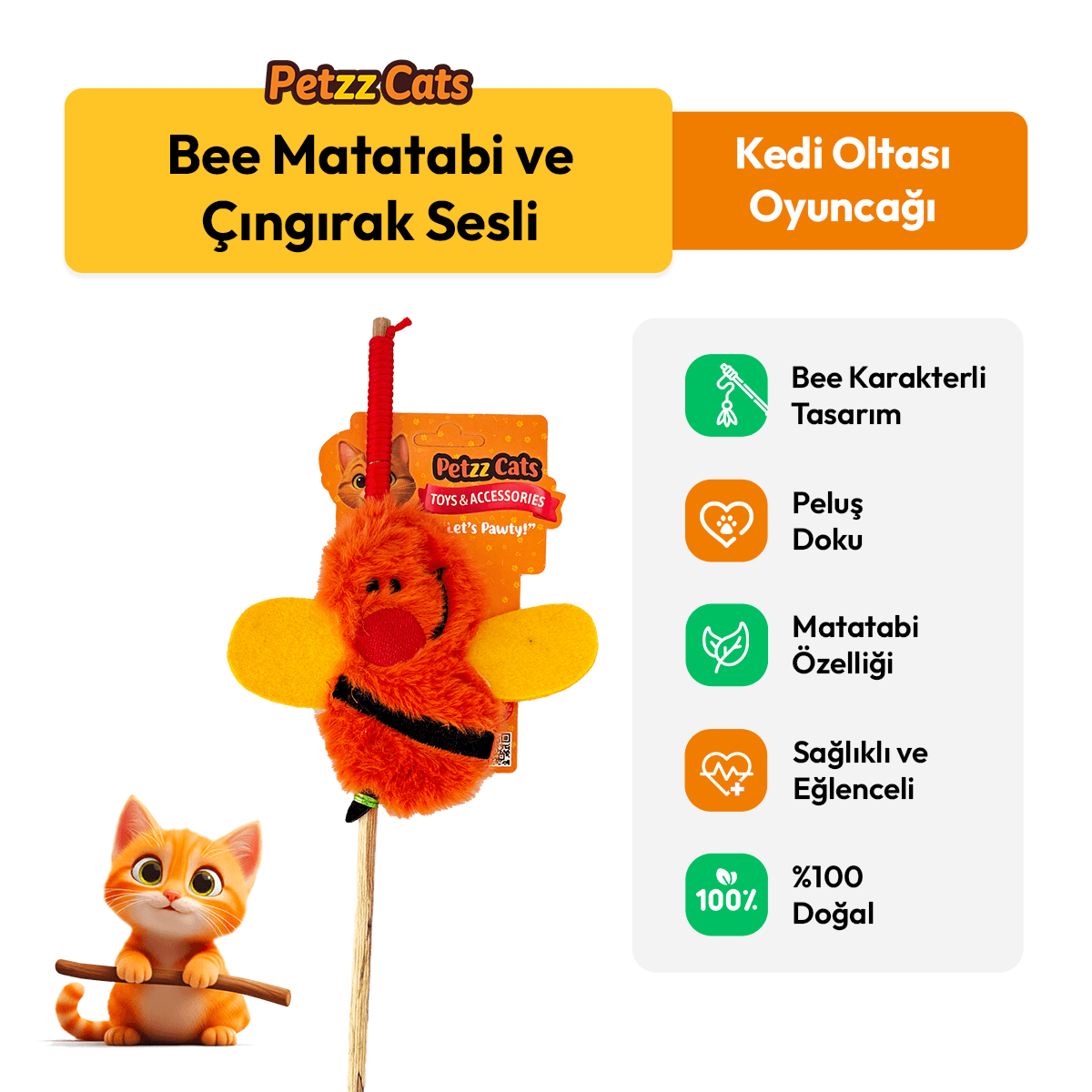 PetzzCats Bee Matatabi ve Çıngırak Sesli Kedi Oltası Oyuncağı Turuncu 42 Cm - Kedi Oyuncağı