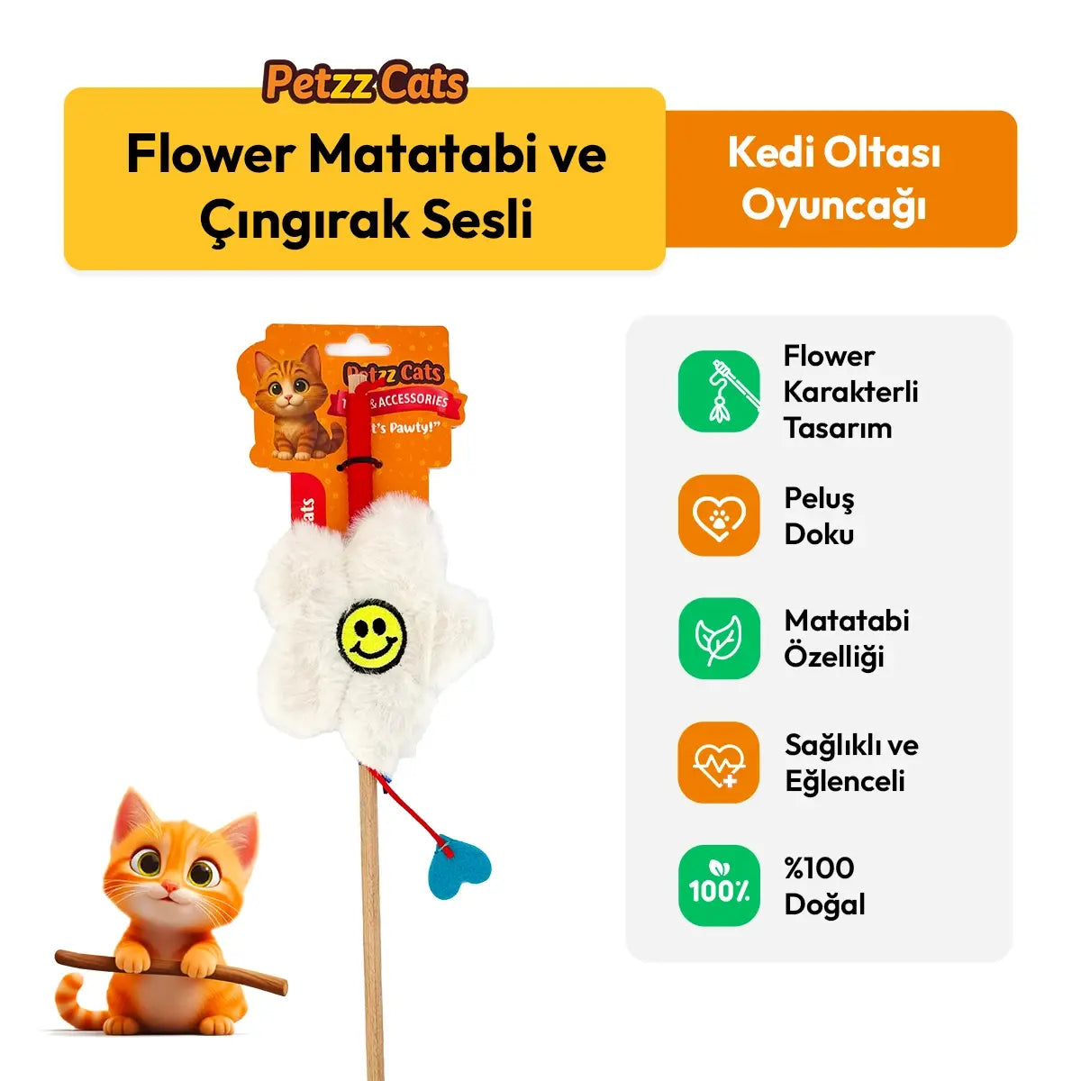 PetzzCats Flower Matatabi ve Çıngırak Sesli Kedi Oltası Oyuncağı Beyaz 42 Cm - Kedi Oyuncağı