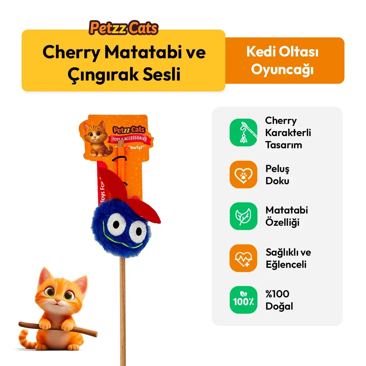 PetzzCats Cherry Matatabi ve Çıngırak Sesli Kedi Oltası Oyuncağı Mavi 42 Cm - Kedi Oyuncağı