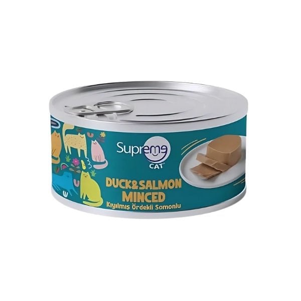 Supreme Cat Kıyılmış Ördekli ve Somonlu Yetişkin Konserve Kedi Maması 1 Adet 85 Gr yaş konserve kedi maması