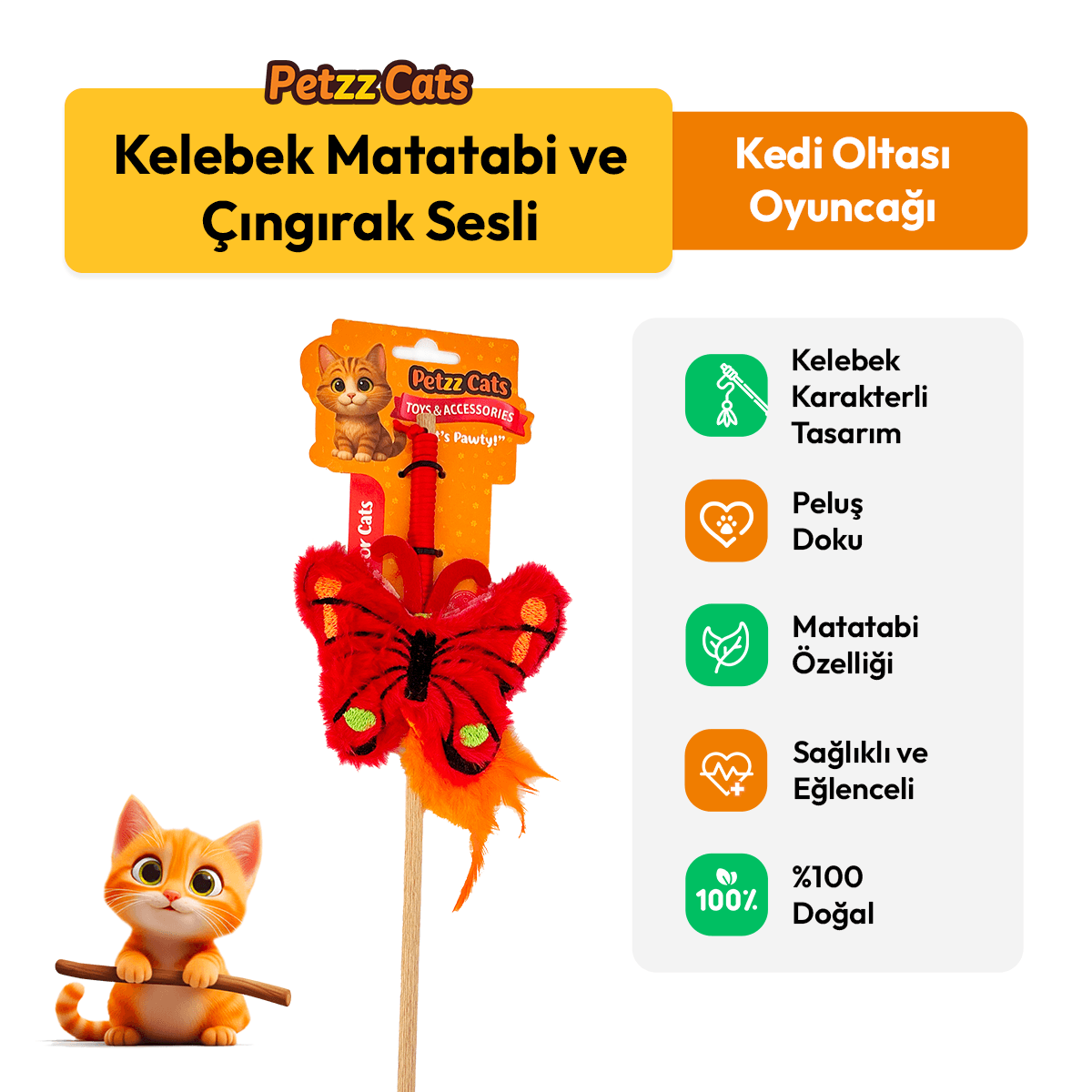 PetzzCats Kelebek Matatabi ve Çıngırak Sesli Kedi Oltası Oyuncağı Kırmızı 42 Cm - Kedi Oyuncağı