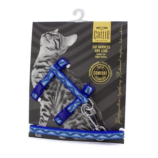 Cattie Desenli Kedi Göğüs ve Gezdirme Tasma Aparatı Mavi 1x25-40 Cm - Kedi Tasması