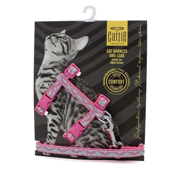 Cattie Desenli Kedi Göğüs ve Gezdirme Tasma Aparatı Pembe 1x25-40 Cm - Kedi Tasması