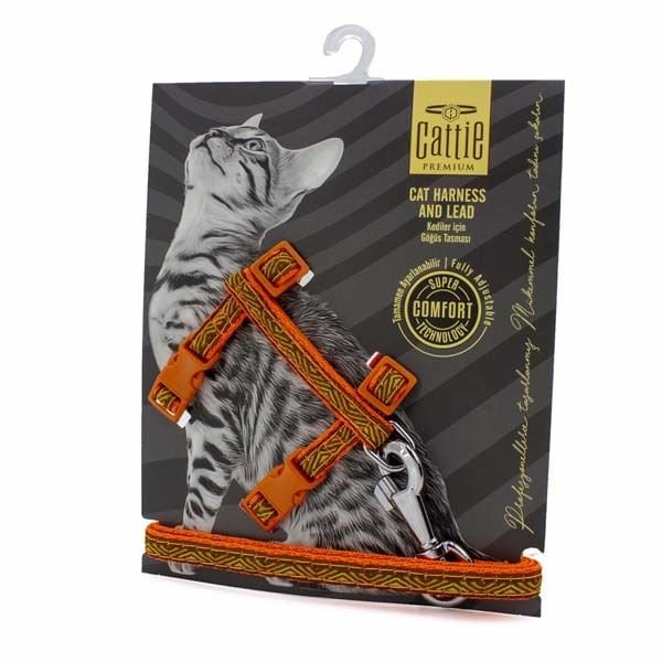 Cattie Desenli Kedi Göğüs ve Gezdirme Tasma Aparatı Turuncu 1x25-40 Cm - Kedi Tasması