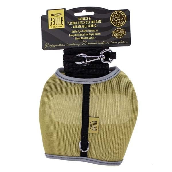 Cattie Havalı Dokuma Kedi Göğüs ve Gezdirme Takımı Medium Bej 1x25-35 Cm - Kedi Tasması