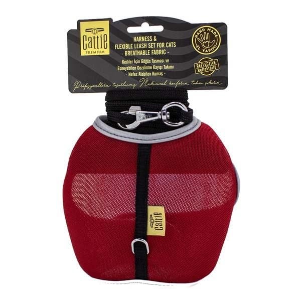 Cattie Havalı Dokuma Kedi Göğüs ve Gezdirme Takımı Medium Kırmızı 1x25-35 Cm - Kedi Tasması