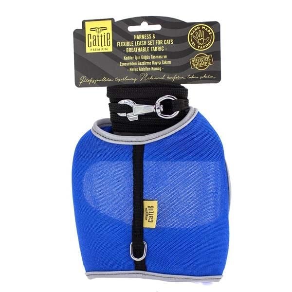 Cattie Havalı Dokuma Kedi Göğüs ve Gezdirme Takımı Medium Mavi 1x25-35 Cm - Kedi Tasması