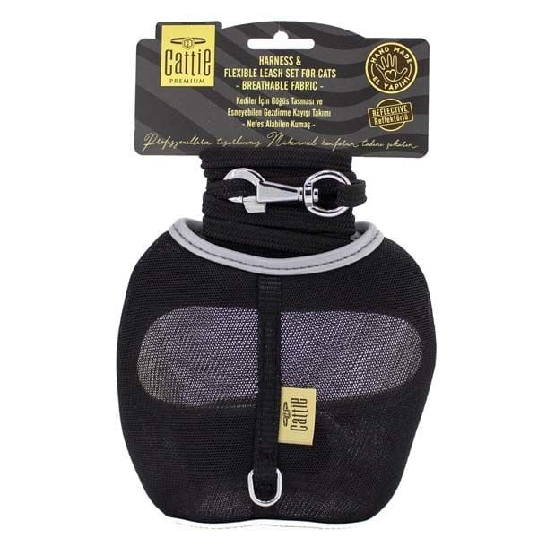 Cattie Havalı Dokuma Kedi Göğüs ve Gezdirme Takımı Medium Siyah 1x25-35 Cm - Kedi Tasması