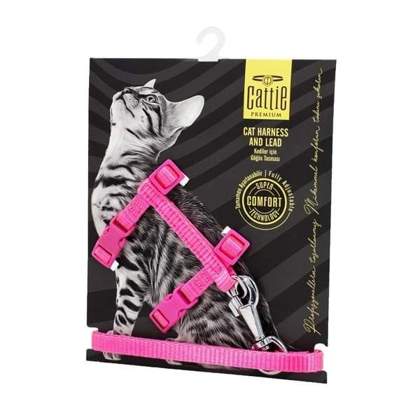 Cattie Kedi Göğüs ve Gezdirme Tasma Takımı Pembe 1x25-40 Cm - Kedi Tasması