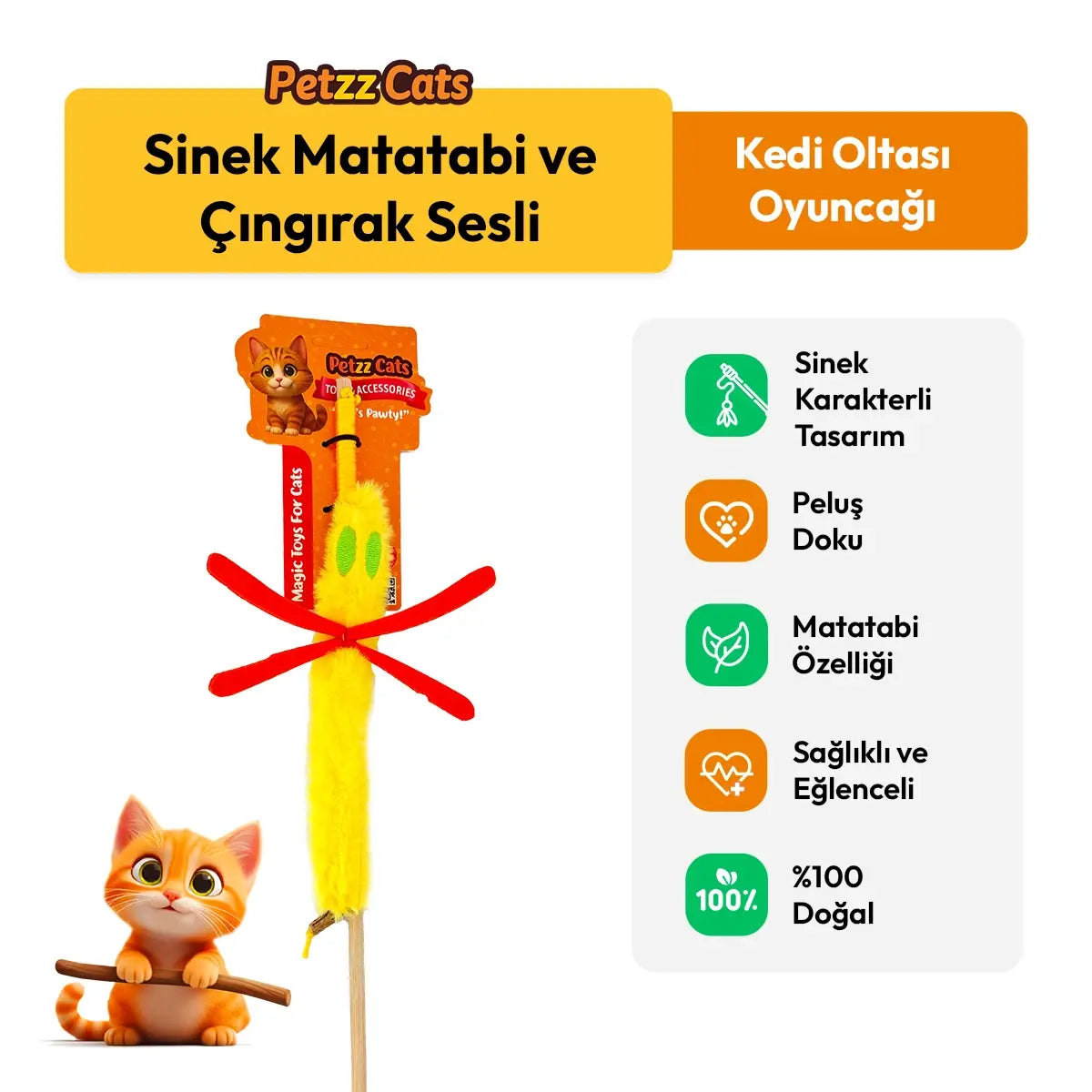 PetzzCats Sinek Matatabi ve Çıngırak Sesli Kedi Oltası Oyuncağı Sarı 42 Cm - Kedi Oyuncağı